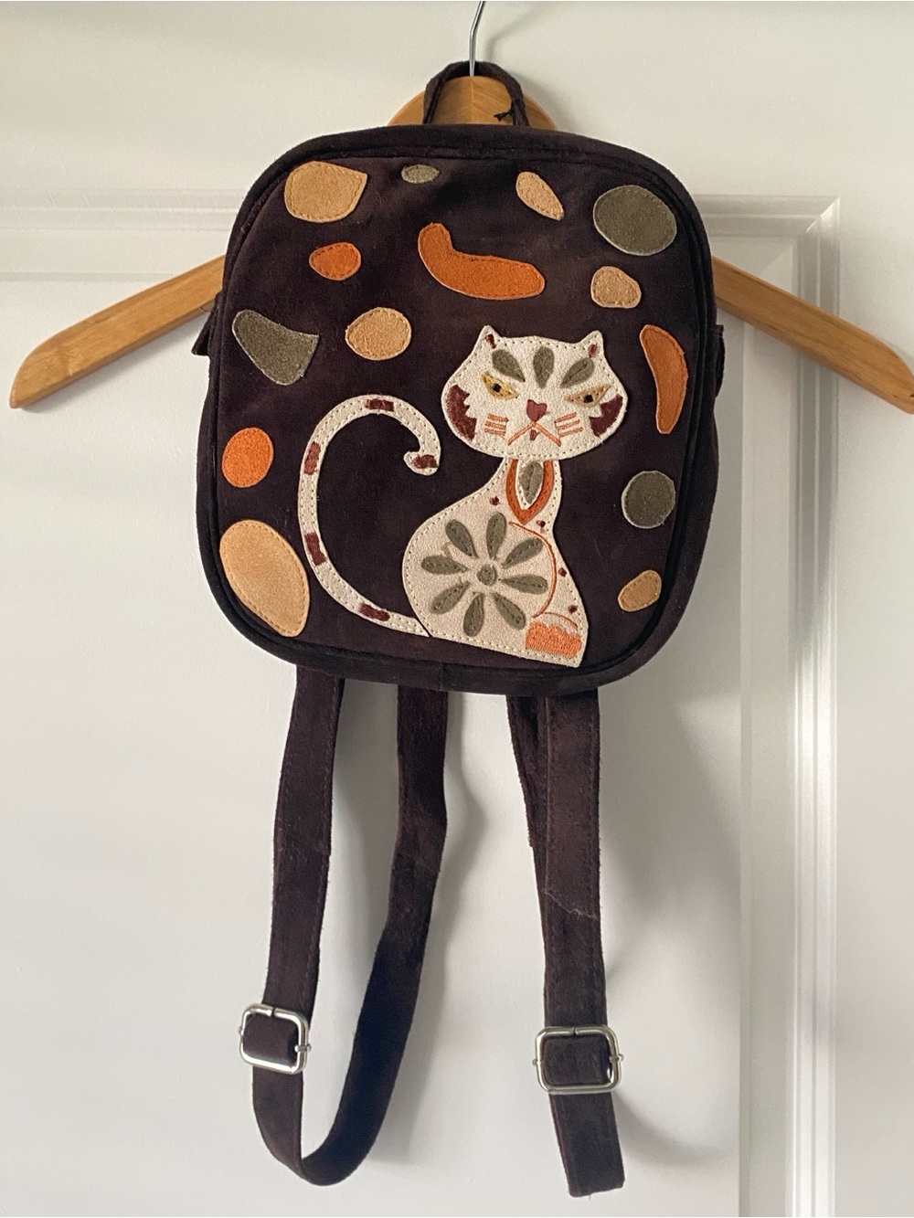 Vintage Barganza B Bag Dark Brown Suede Mini Backpack with Mad Cat Appliqué